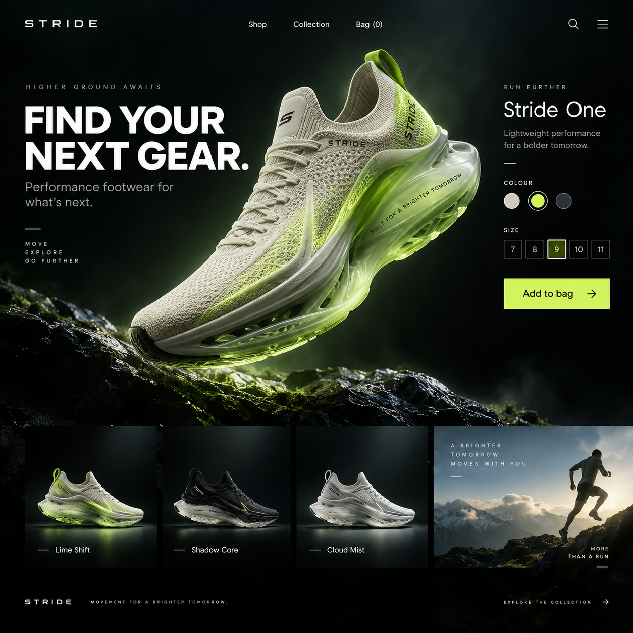 Illustrative performance footwear store with dramatic product imagery, size selection and add-to-bag action