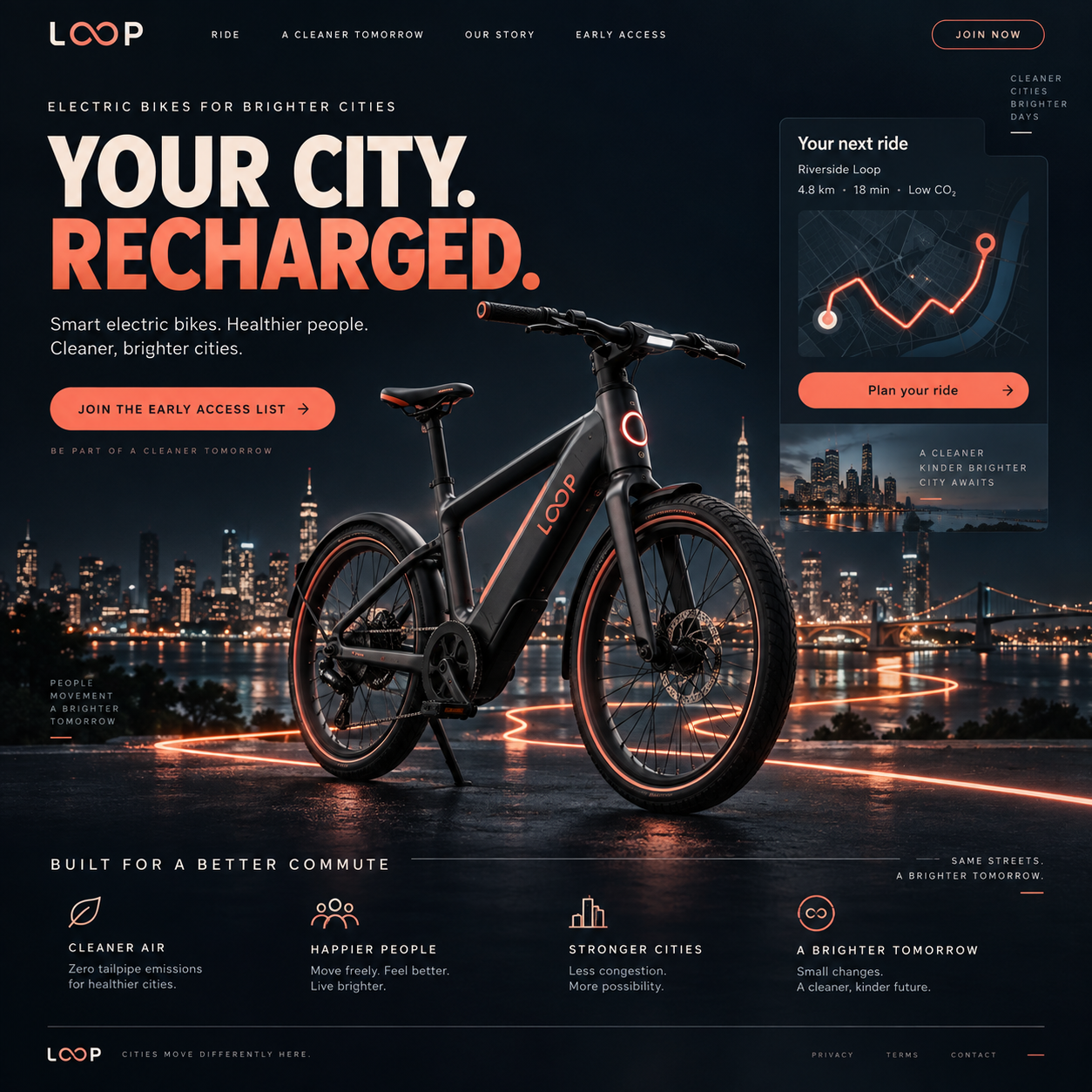 Illustrative electric mobility startup launch with product imagery and early-access signup
