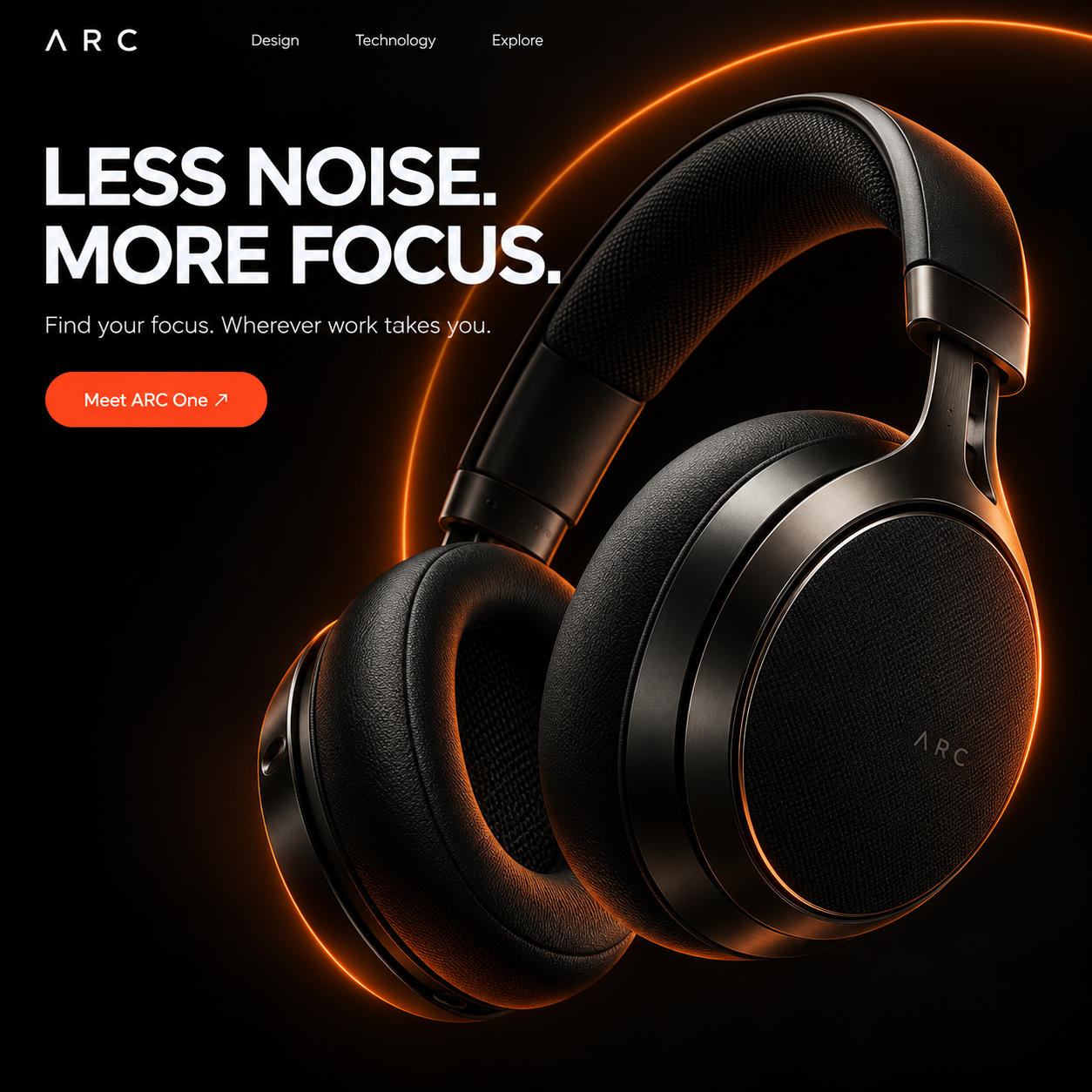 Illustrative ARC headphones product website with the hook Less noise. More focus. and a clear product call to action
