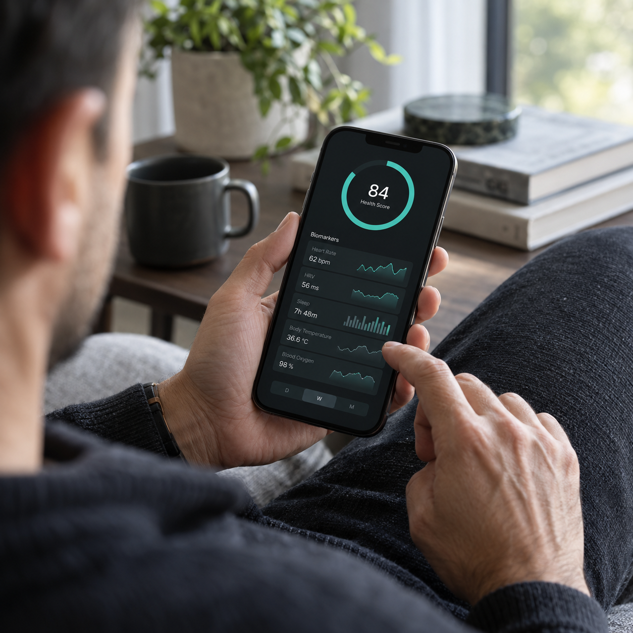 Illustrative photograph: person reviewing a health app on a smartphone
