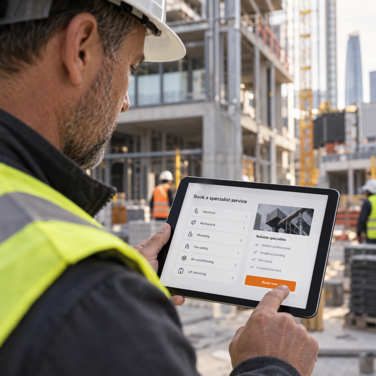 Illustrative photograph: site manager booking a specialist service on a tablet