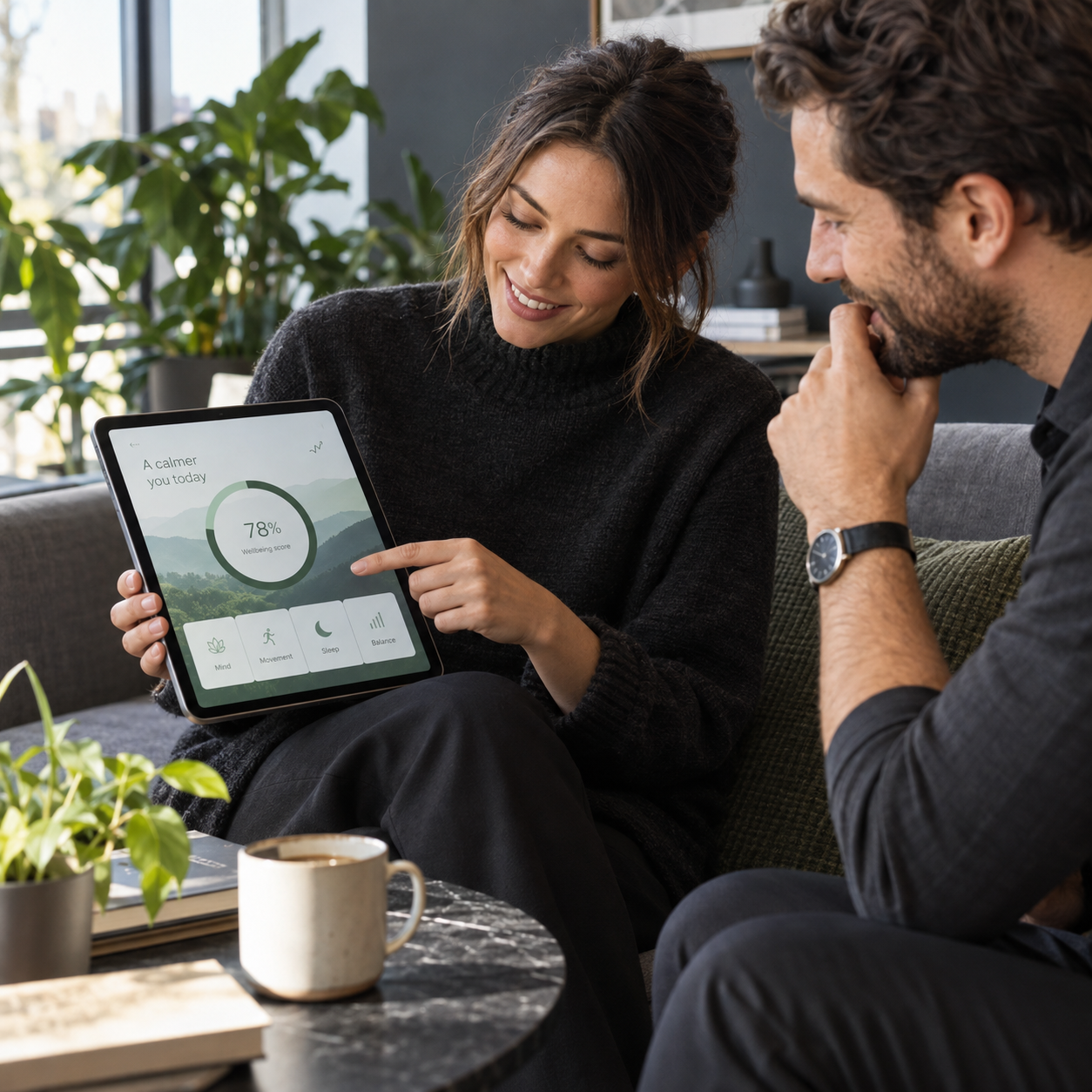 Illustrative photograph: two people exploring a personalised wellbeing app together